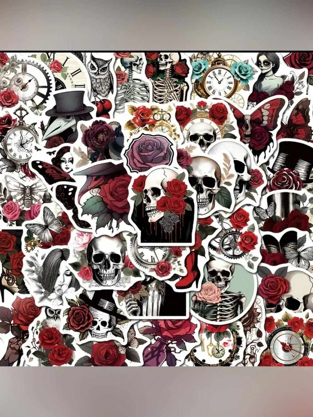 50 Gothic Vintage Skull & Rose Stickers Halloween Black Red Skeletons Flowers